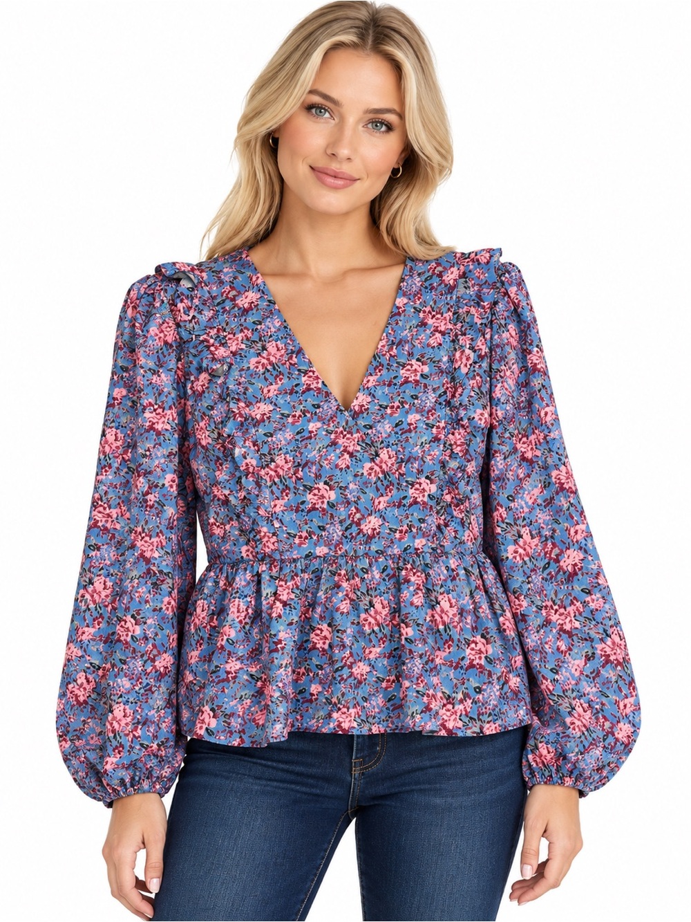 Entro NWT Size Large Floral V-Neck Peplum Blouse - Blue & Pink